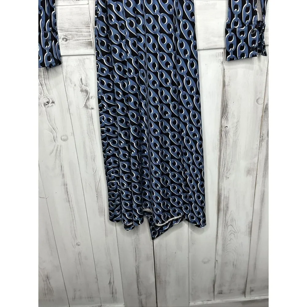 Boden Laura Shirt Dress 4P Petite Tencel Jersey Azure Blue Geo Chain Midi Belted - Picture 8 of 13